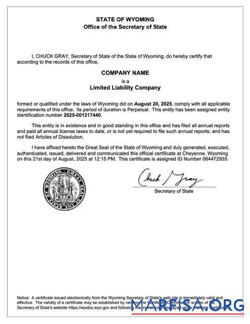 Printable USA Wyoming certificate of registration Word and PDF template